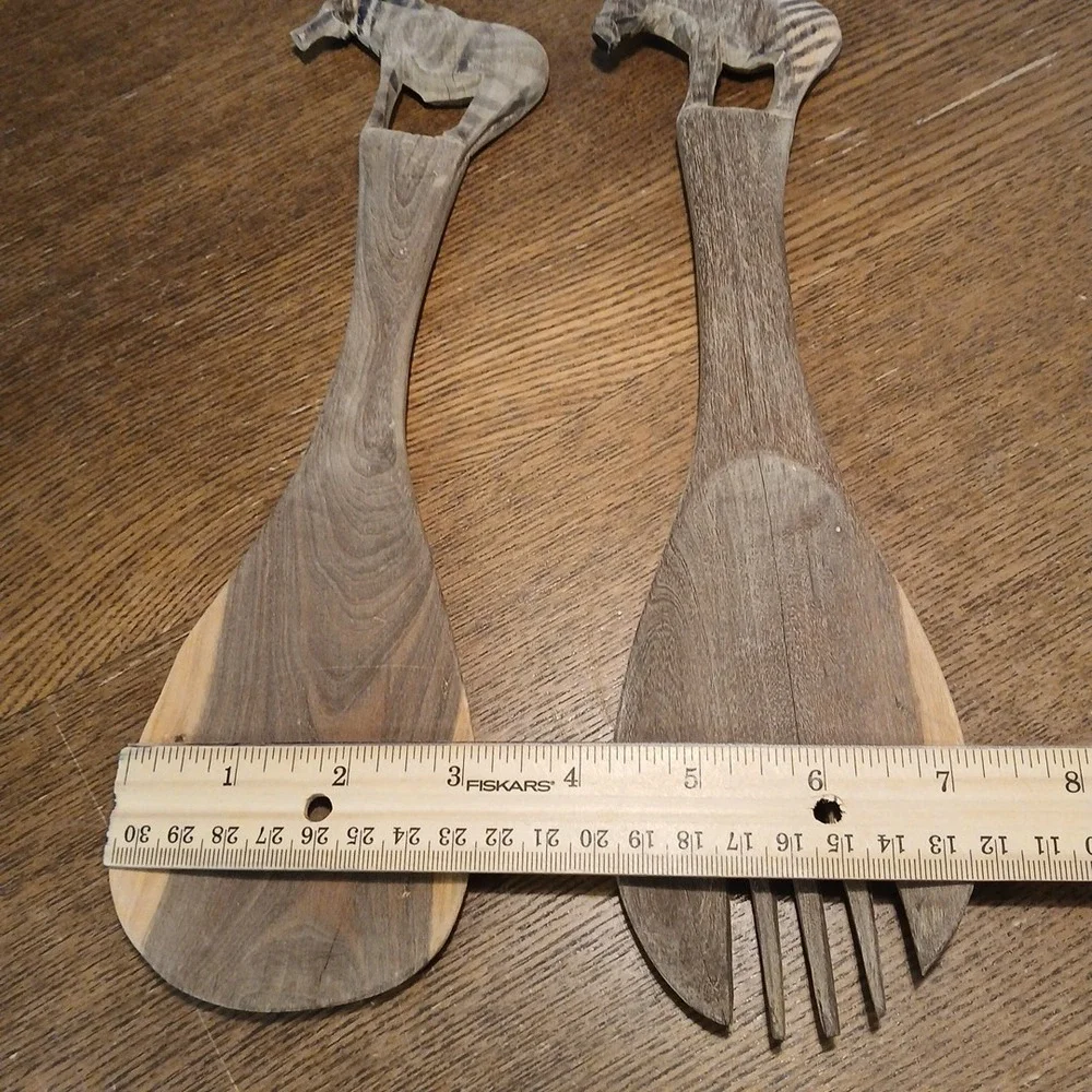 Vtg Hand Carved Wooden Salad Servers Serving Spoon Fork with Zebra Handle 11.5
